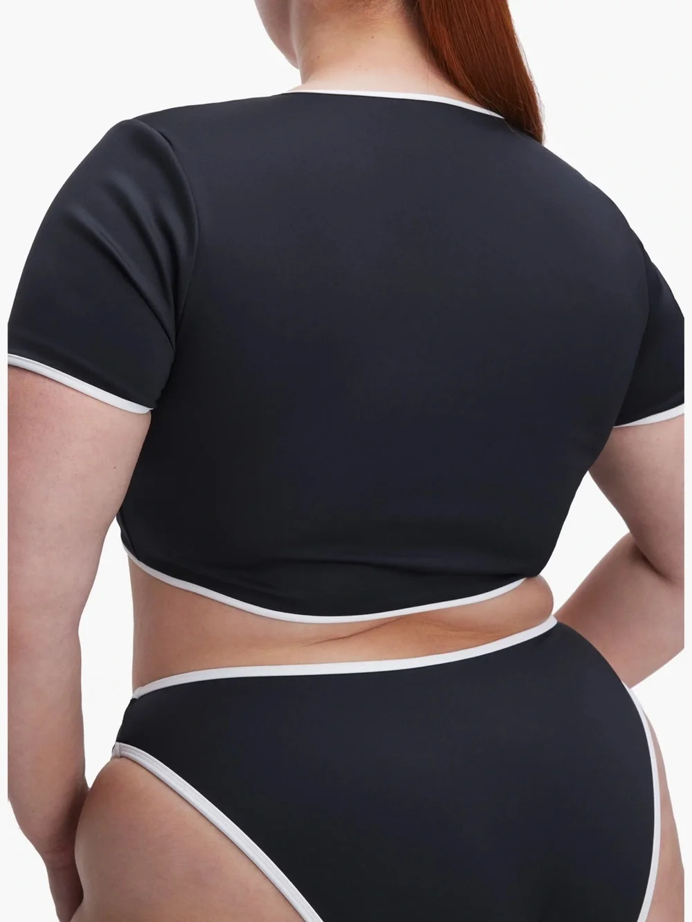 Good American Black Bikini Top with White Trim and Tie Front